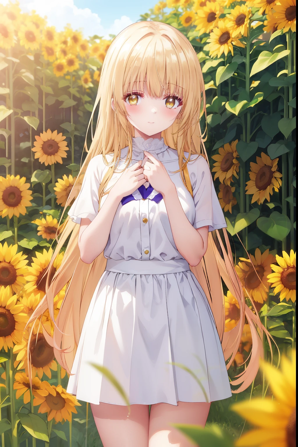 Mahiru shiina, , blonde, (Yellow Eyes:1.3)、Braided long hair,,blush,smile,Captivating thighs、Beautiful bare legs, Sideways armpit、Very cute short sleeves、Sunflower field
（masterpiece:1.2), highest quality, High resolution, unity 8k wallpaper, (shape:0.8), (Beautiful and beautiful eyes:1.6), Highly detailed face, Perfect lighting, Extremely detailed CG, (Perfect hands, Perfect Anatomy),