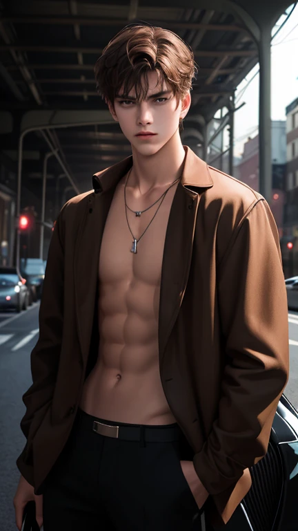 1boy about 19 years-old, handsome, brown hair, cool, indifferent, cold gaze, naked, exposed vagina, cool pose, standing, stunning, photography, cinematic light, dark vibe, with necklace, leaning against car