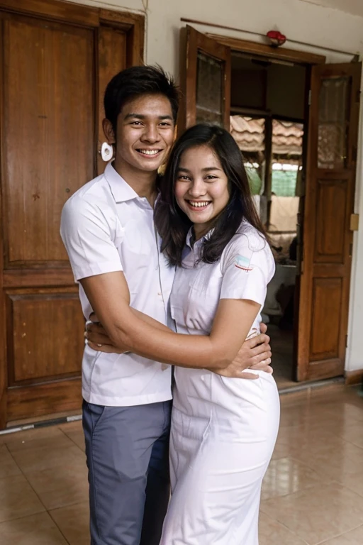 masterpiece, best quality, highres, 1boy and 1girl, couple hug, wearing indonesian high school, smile, dynamic pose, good hand angle, upperbody white shirt