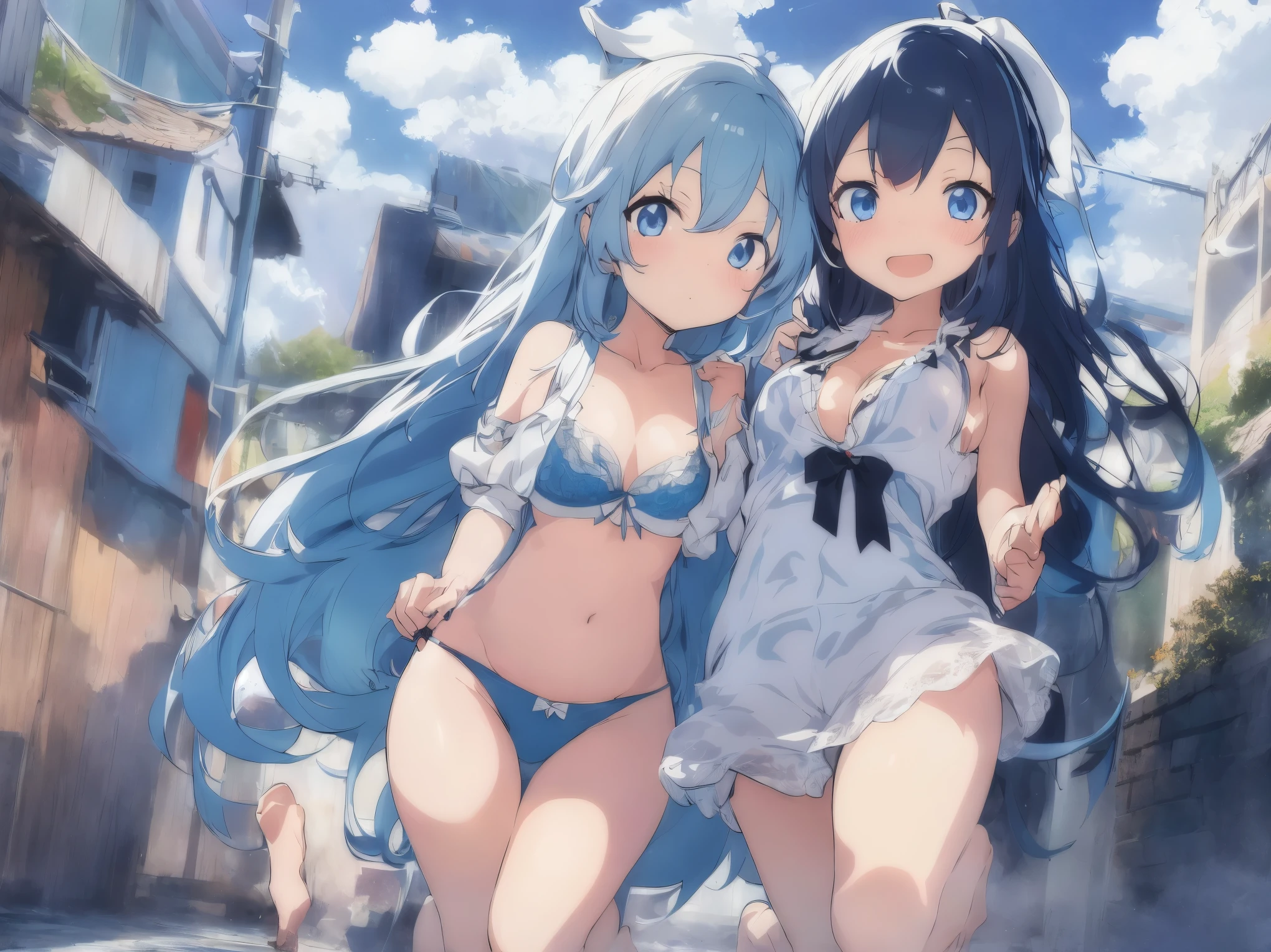 Girl in a long unbuttoned white shirt、Cute light blue bra、Cute light blue underwear、barefoot、Girl with super long black hair、Blue Ocean,and cumulonimbus clouds and blue sky、Beautiful breasts、Cracks are clearly visible、Perfect hands、Perfect Legs