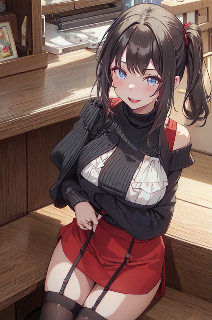 (dynamic angle:1.3, front view:1.1, breast focus:1.3, from below:1.2), (dynamic posing:1.5, sexy posing:1.3, leaning forward), (seductive smiling:1.3), ((looking at viewer, holding a cake)),highest quality、(real、photorealistic:1.4),(ultra high resolution, 8K RAW photo, clear focus), best qualtiy, natural lighting, field depth, (Bright pupils, detailed beautiful eyes, high detailed face), Red lip, (tight focus:1.2), a girl 22yo old, pretty girl, (highly detailed beautiful face and eyes,firm breasts),real skin,((black,hair,long pony tail hair)),teacher, thin breast,(pointed chest:1.3), cleavage:1.1,(double breasted:1.2,under bust:1.2), midriff, long hair, blue eyes,off-shoulder dress, sweater dress, off-shoulder red sweater,garter stocking, bootyshorts, black shorts, black thighhighs, thigh strap, thin pubic hair,lovely, detailed eyes, This masterpiece is only visually stunning but also tells,(with sparkling eyes and a contagious smile),open mouth, Looking at Viewer, posed muy sexy cleavage:1.2,
