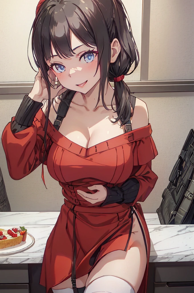 (dynamic angle:1.3, front view:1.1, breast focus:1.3, from below:1.2), (dynamic posing:1.5, sexy posing:1.3, leaning forward), (seductive smiling:1.3), ((looking at viewer, holding a cake)),highest quality、(real、photorealistic:1.4),(ultra high resolution, 8K RAW photo, clear focus), best qualtiy, natural lighting, field depth, (Bright pupils, detailed beautiful eyes, high detailed face), Red lip, (tight focus:1.2), a girl 22yo old, pretty girl, (highly detailed beautiful face and eyes,firm breasts),real skin,((black,hair,long pony tail hair)),teacher, thin breast,(pointed chest:1.3), cleavage:1.1,(double breasted:1.2,under bust:1.2), midriff, long hair, blue eyes,off-shoulder dress, sweater dress, off-shoulder red sweater,garter stocking, bootyshorts, black shorts, black thighhighs, thigh strap, thin pubic hair,lovely, detailed eyes, This masterpiece is only visually stunning but also tells,(with sparkling eyes and a contagious smile),open mouth, Looking at Viewer, posed muy sexy cleavage:1.2,