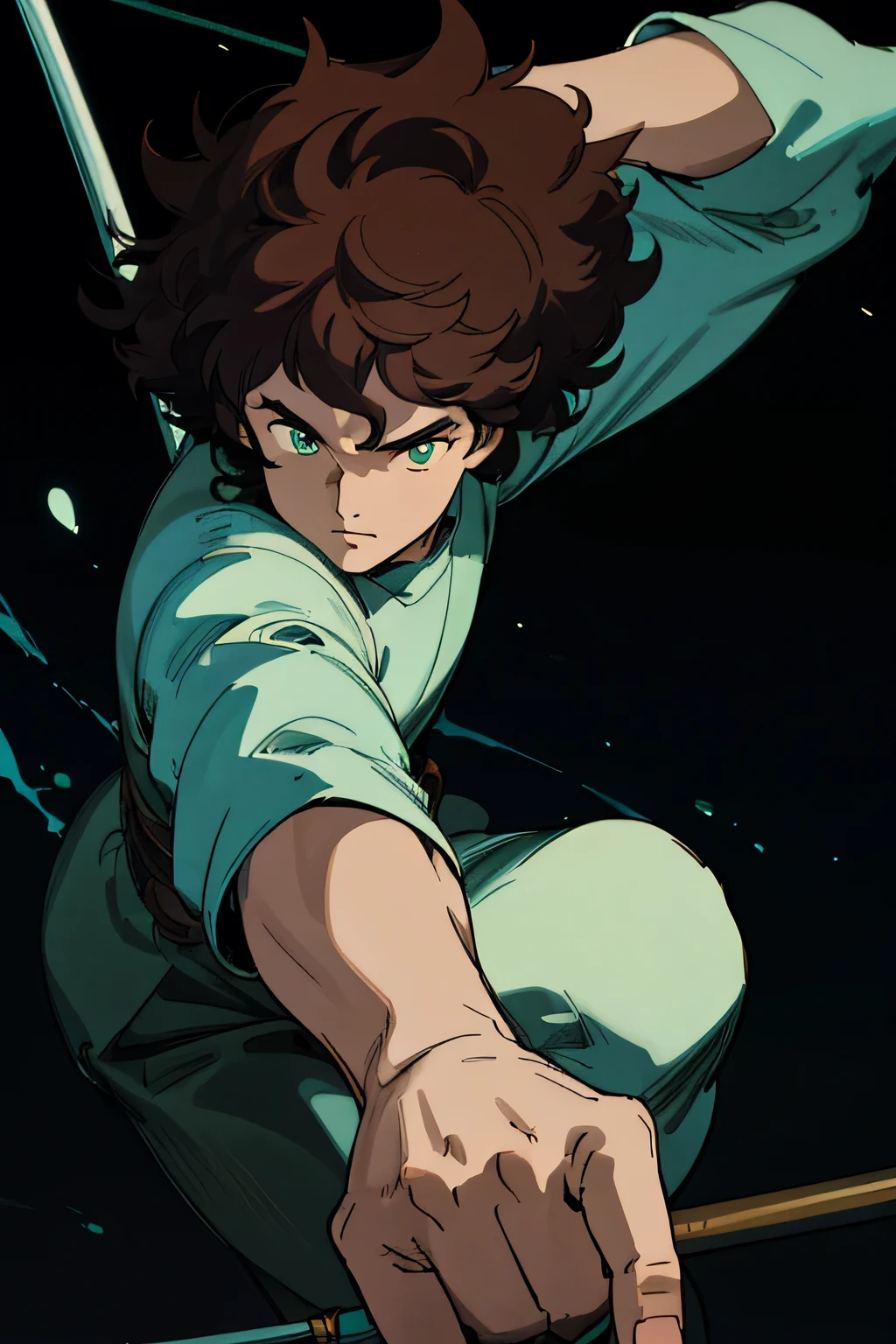 male, adult, close up, dynamic pose, puffy hair, knight, brown hair, aqua glowing eyes, one-fourth view, holding spear, hand perspective, black background, 1950's lighting