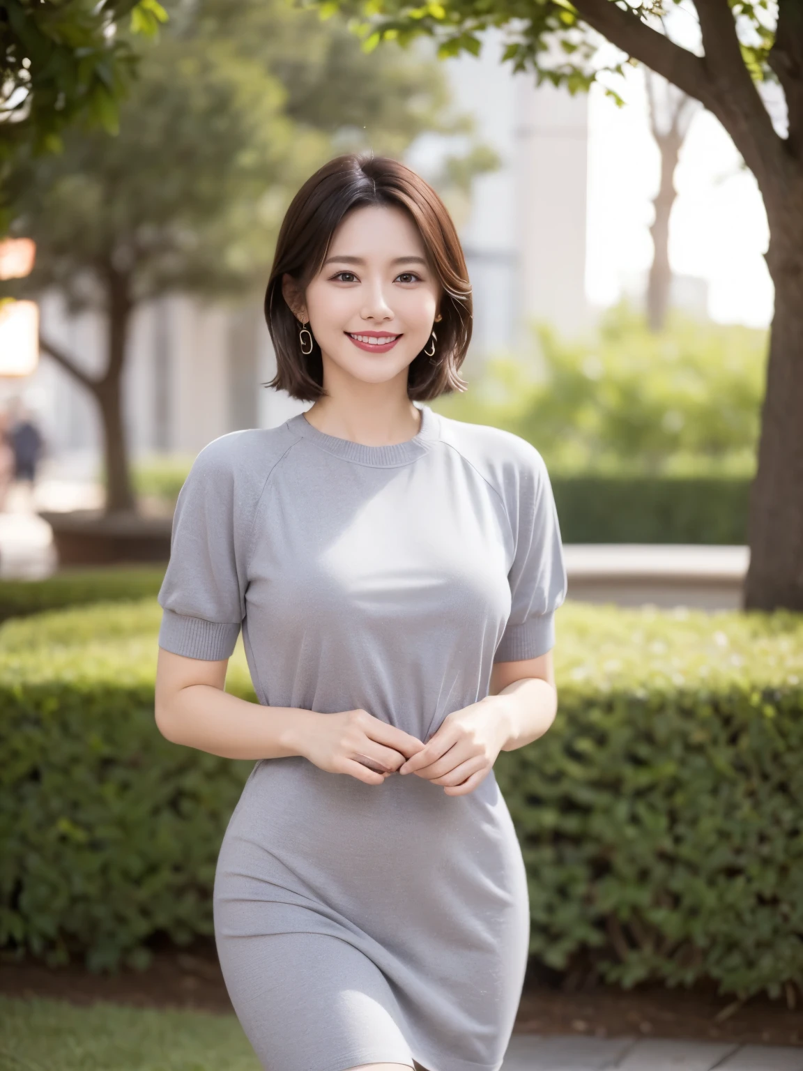 Draw lips correctly, Red lipstick, From the chest up, highest quality, Very detailed, real, super fine muscle, Perfect Anatomy, (1 日本mature的女人), (alone),(Grey crew neck sweater dress:1.6),Short sleeve,(Short black hair:2),woman, Age 37,mature,Cute Smile,Garden Background,stand,(Standard body shape)、(D cup breastedium Chest,Full Body Shot。