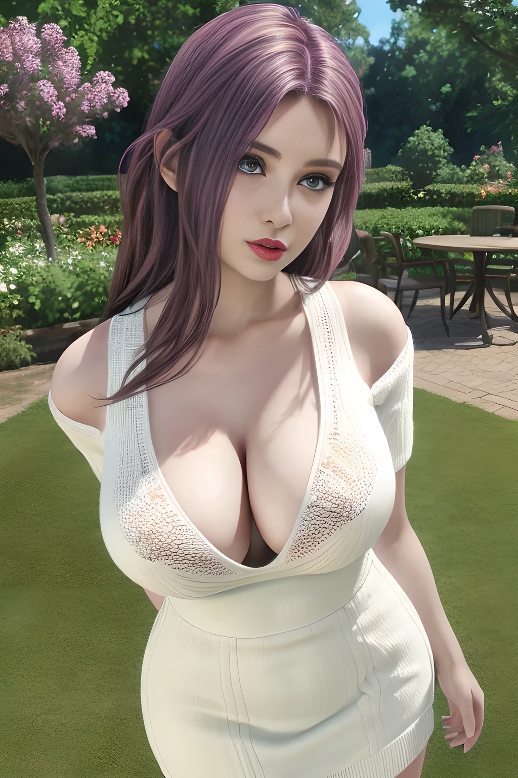 1girl, in a garden, white knit dress, appealing cleavage,( beautiful tattoo), overhead view, beautiful detailed eyes, beautiful detailed lips, extremely detailed eyes and face, long eyelashes, greenery around, blooming flowers, bright sunlight, shady trees, outdoor setting, feminine charm, detailed texture, snug fit, fashionable, soft fabric, radiant skin, (best quality,4k,8k,highres,masterpiece:1.2), ultra-detailed, (realistic,photorealistic,photo-realistic:1.37), elise,