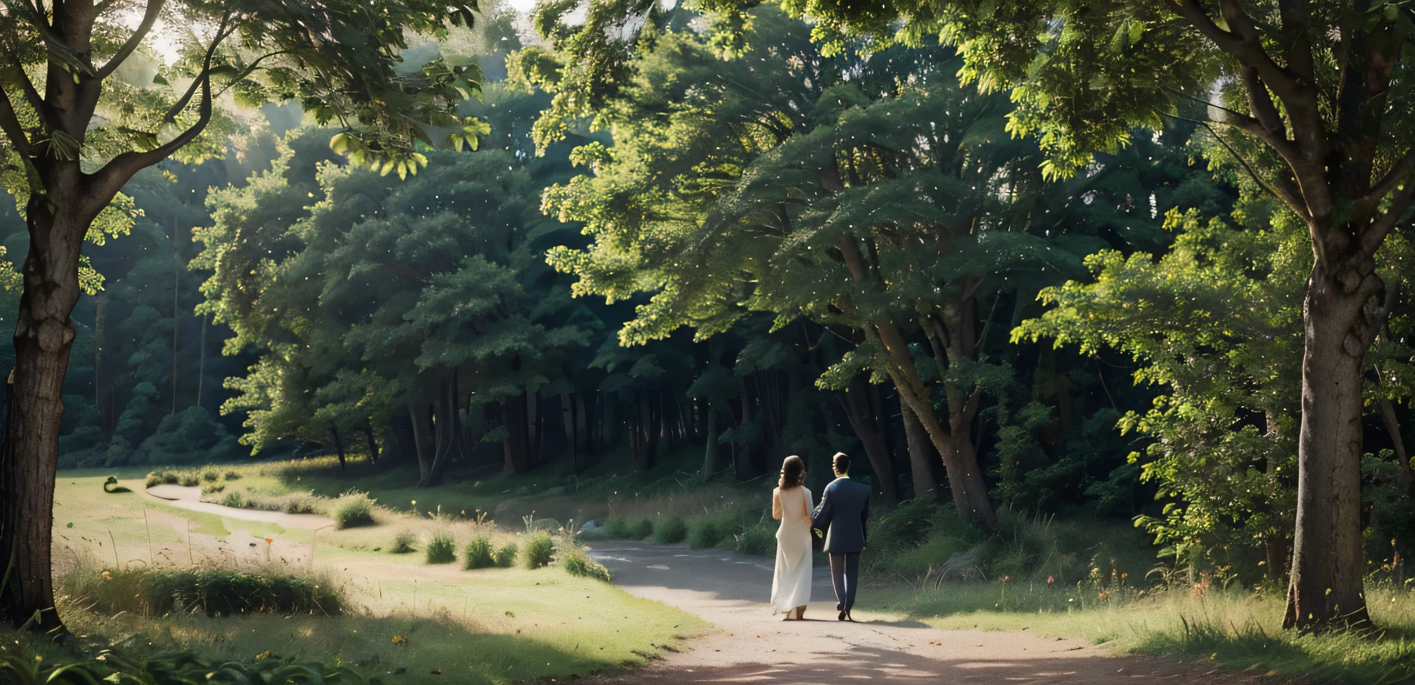 (best quality, 4k, 8k, high resolution, masterpiece: 1.2), ultra-detailed, (realistic, photorealistic, photorealistic: 1.37), a man and a woman, holding hands, walking on a forest road at dawn, with his back to the camera. There are trees all around you. Sun rays between the trees. [floral paradise], [soft morning light], colorful flowers, [lush green grass], [gentle breeze], [serene atmosphere], [picturesque landscape], [tranquil scene], [harmonious composition], [every detail meticulously pictured ], [tranquil environment], [captivating nature], [pristine environment], [vivid colors], [magical setting], [romantic environment], [dreamy atmosphere], [sublime beauty], [serene and calm], [ pastoral tranquility], [inspiring view].