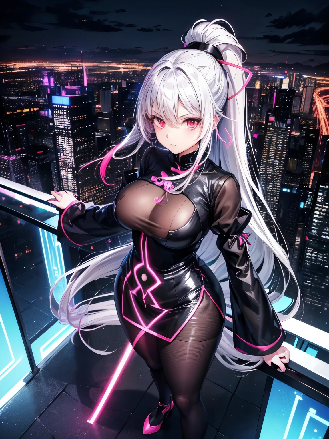 anime, (artwork, best quality, ultra-detailed, high contrast), 1 woman (Alone, full body, plus size body, standing on the edge of the skyscraper, silver hair, LONG In a ponytail, red eyes, perfect eyes ruby sparkles, (simple black qipao, black cybernetics with neon pink), transparent black socks), (skyscraper roof, overlooking a city, detailed background ((night time, Darkness, low light pollution)))