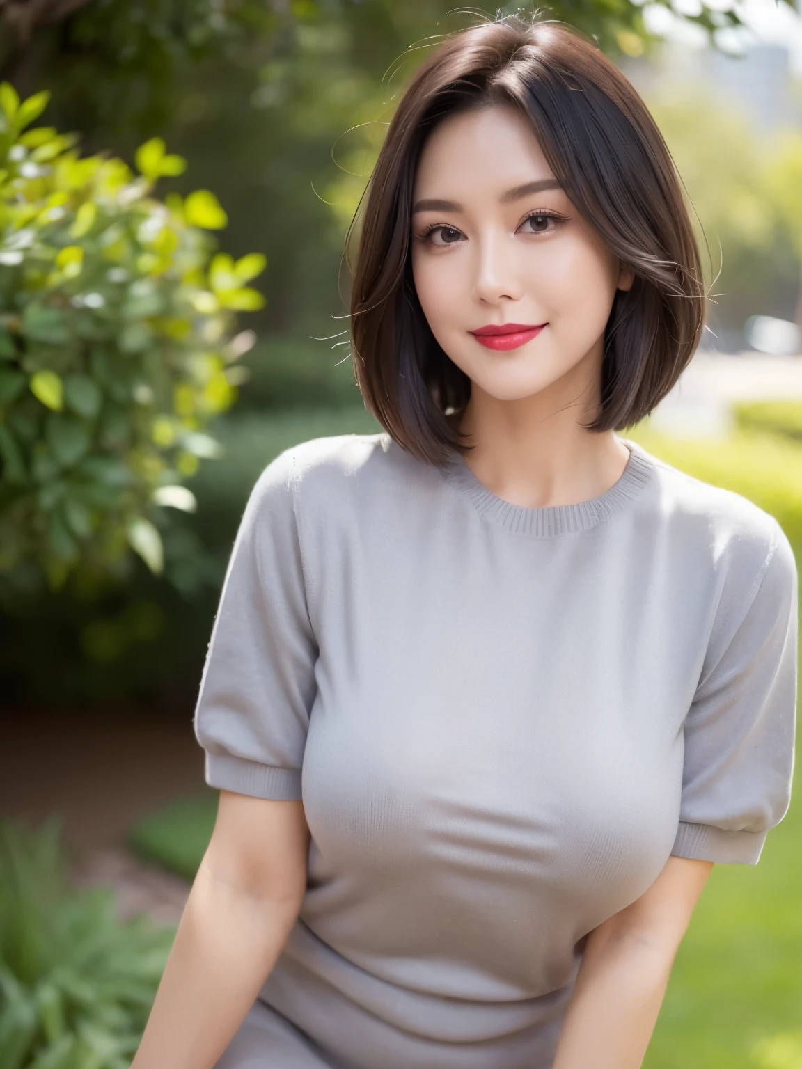 Draw lips correctly, Red lipstick, From the chest up, highest quality, Very detailed, real, super fine muscle, Perfect Anatomy, (1 日本mature的女人), (alone),(Grey crew neck sweater dress:1.6),Short sleeve,(Short black hair:2),woman, Age 37,mature,Cute Smile,Garden Background,stand,(Standard body shape)、(D cup breastedium Chest,Full Body Shot。
