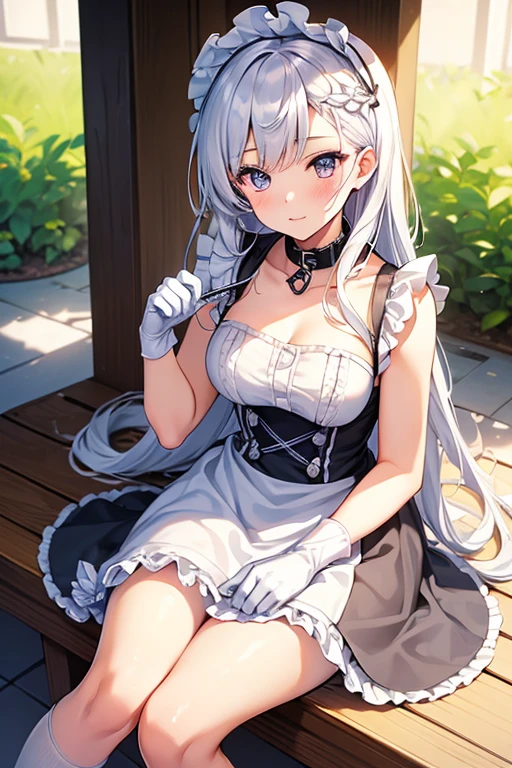 (masterpiece, highest quality:1.2),figure,8k,High resolution,One girl,alone,very_length_hair,big_chest,white_hair,前hair,chestの谷間,Braiding,green_eye,French_Braiding,collarbone,purple_eye,Lock,collar,dress,Frills,Maid,Maid_headdress,white_gloves,white_Knee socks,Maid_apron,white_apron,Frillsの_apron,gray_hair,Frillsの_gloves,greenい夏の空,Washing,hold the sheet in your hand,Respect,