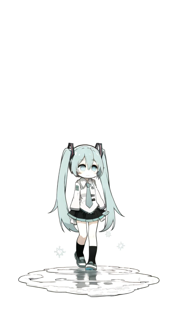 best quality, chibi, 1 girl,  miku, Hatsune Miku, (full body), Pure white background,Vivid,clearly,sad face,rain,Walking,snow,Are crying,shout,I have a letter