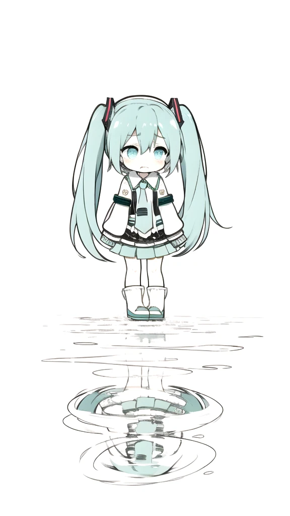 best quality, chibi, 1 girl, miku, Hatsune Miku, (full body), Pure white background,Vivid,clearly,sad face,rain,Walking,snow,Are crying,shout,I have a letter
