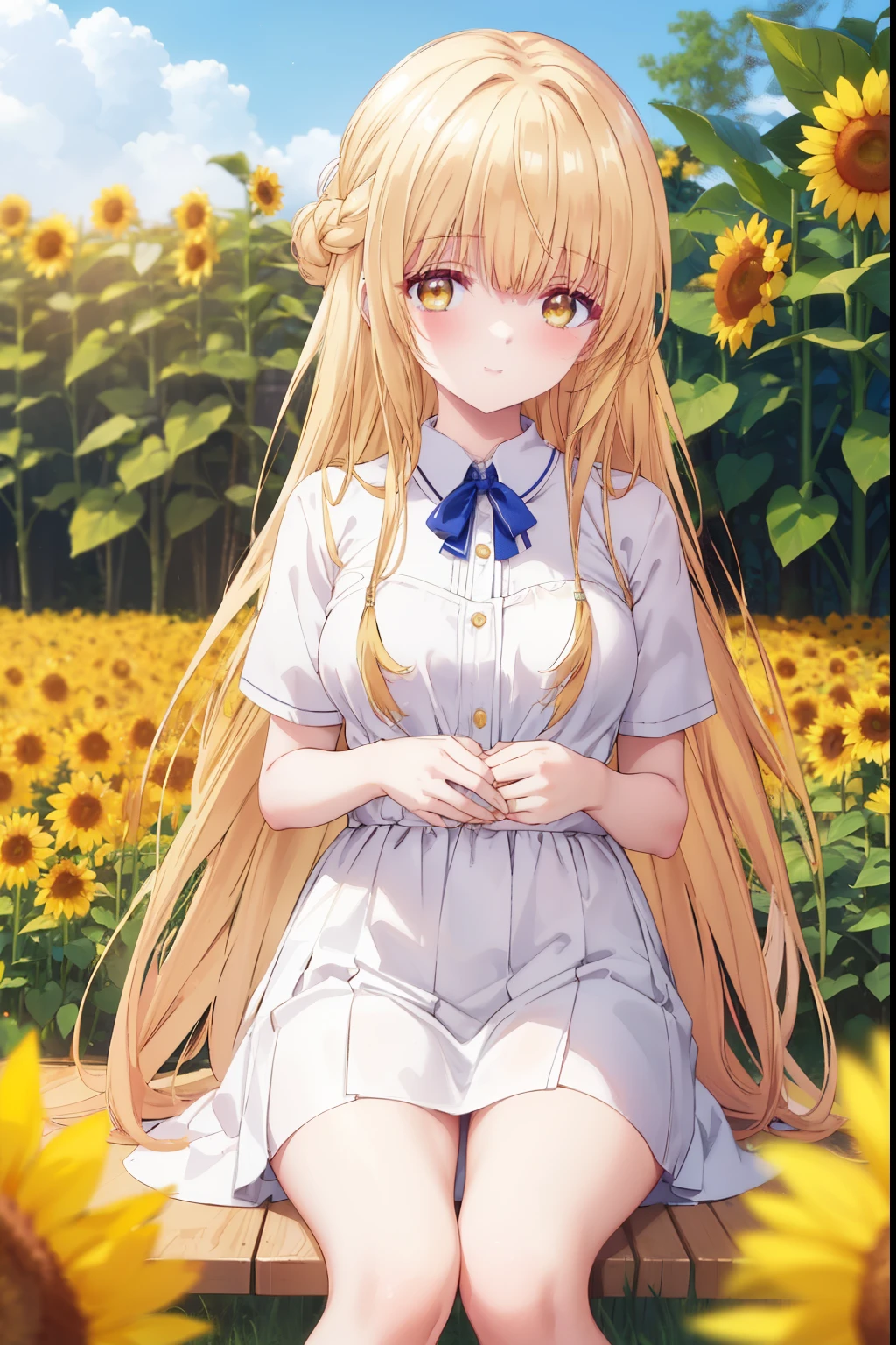 Mahiru shiina, , blonde, (Yellow Eyes:1.3)、Braided long hair,,blush,smile,Captivating thighs、Beautiful bare legs, Sideways armpit、Very cute short sleeves、Sunflower field
（masterpiece:1.2), highest quality, High resolution, unity 8k wallpaper, (shape:0.8), (Beautiful and beautiful eyes:1.6), Highly detailed face, Perfect lighting, Extremely detailed CG, (Perfect hands, Perfect Anatomy),