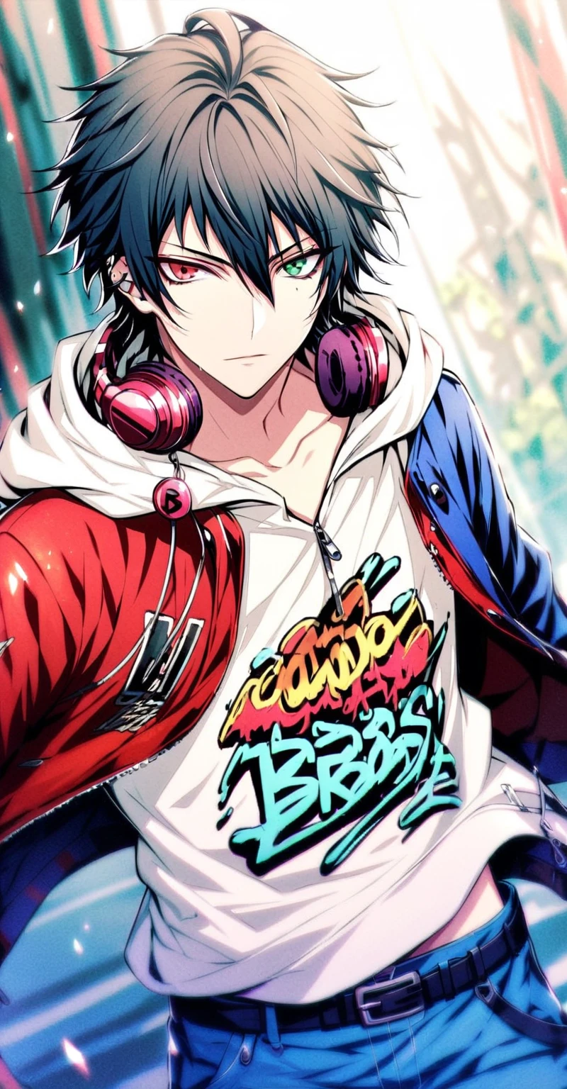 yamada ichiro, (hypnosis mic), 1boy, solo, looking at viewer, buster bros, male focus, 19 years old, red left eyes, bangs, black hair, hair between eyes, heterochromia, green right eyes, red jacket, multicolored jacket, blue jacket, shirt, long sleeves, outdoors, open clothes, open jacket, ring, hood down, zipper, white hoodie, hooded jacket, black belt, belt buckle, blue pants, headphones around neck, from outside