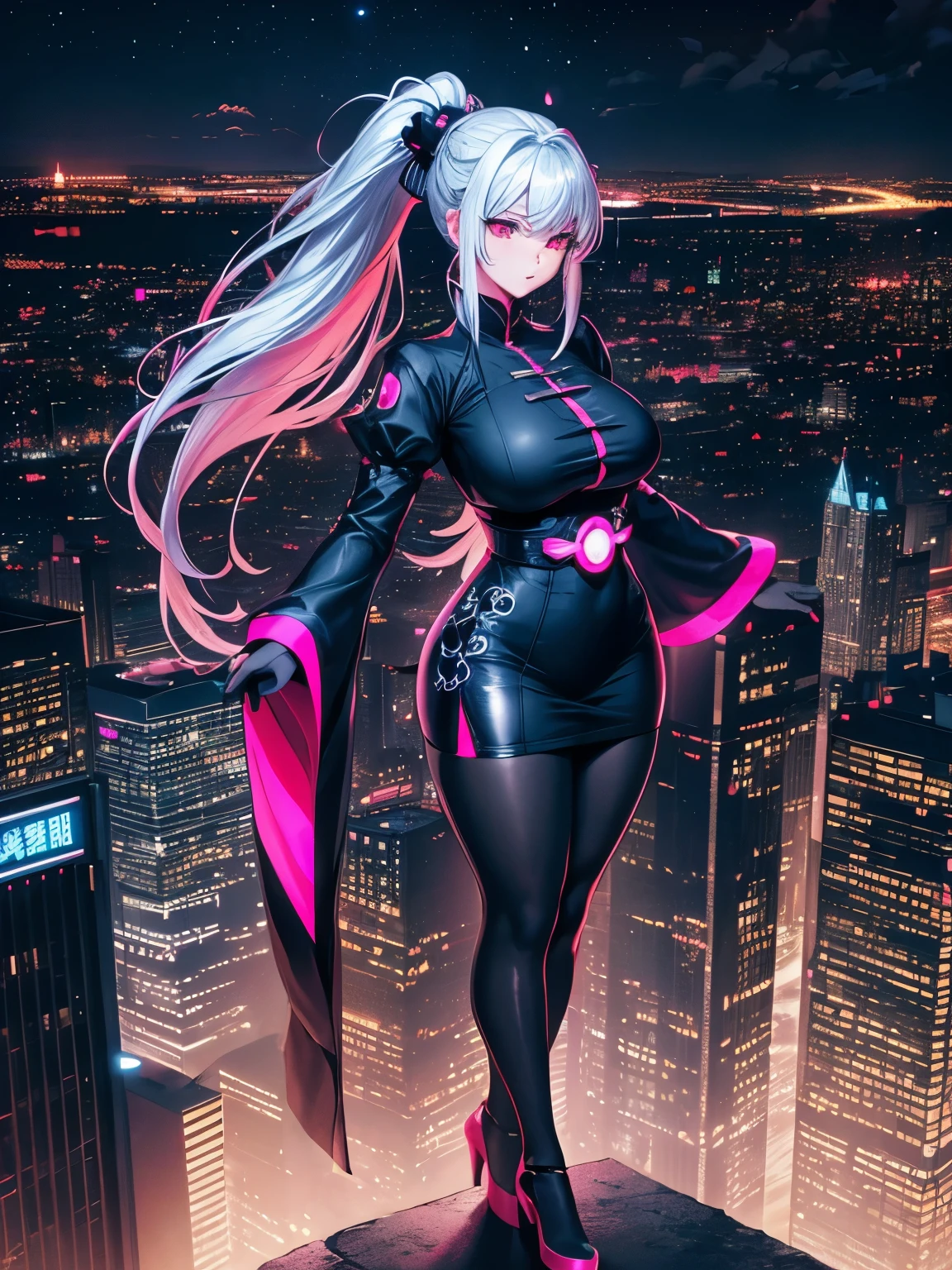 anime, (artwork, best quality, ultra-detailed, high contrast), 1 woman (Alone, full body, plus size body, standing on the edge of the skyscraper, silver hair, LONG In a ponytail, red eyes, perfect eyes ruby sparkles, (simple black qipao, black cybernetics with neon pink), transparent black socks), (skyscraper roof, overlooking a city, detailed background ((night time, Darkness, low light pollution)))