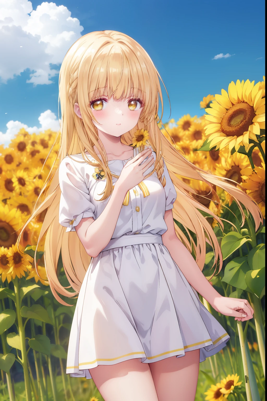 Mahiru shiina, , blonde, (Yellow Eyes:1.3)、Braided long hair,,blush,smile,Captivating thighs、Beautiful bare legs, Sideways armpit、Very cute short sleeves、Sunflower field
(masterpiece:1.2), highest quality, High resolution, unity 8k wallpaper, (shape:0.8), (Beautiful and beautiful eyes:1.6), Highly detailed face, Perfect lighting, Extremely detailed CG, (Perfect hands, Perfect Anatomy),