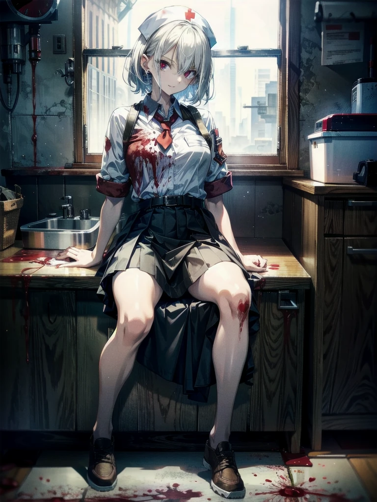 ((blood)), ((blood splatter)), ((blood on clothes)), ((blood stain)), hospital, ((nurse uniform)), ((holding motor saw)), (zombie), absurdres, RAW photo, extremely delicate and beautiful, masterpiece, Best Quality, ultra high resolution, 32k, hyperrealistic, ultra-detailed, detailed description, pale skin, 20 years old, tearful mole, earring, Colossal tits, short medium hair, wavy hair, evil grin, full body shot,