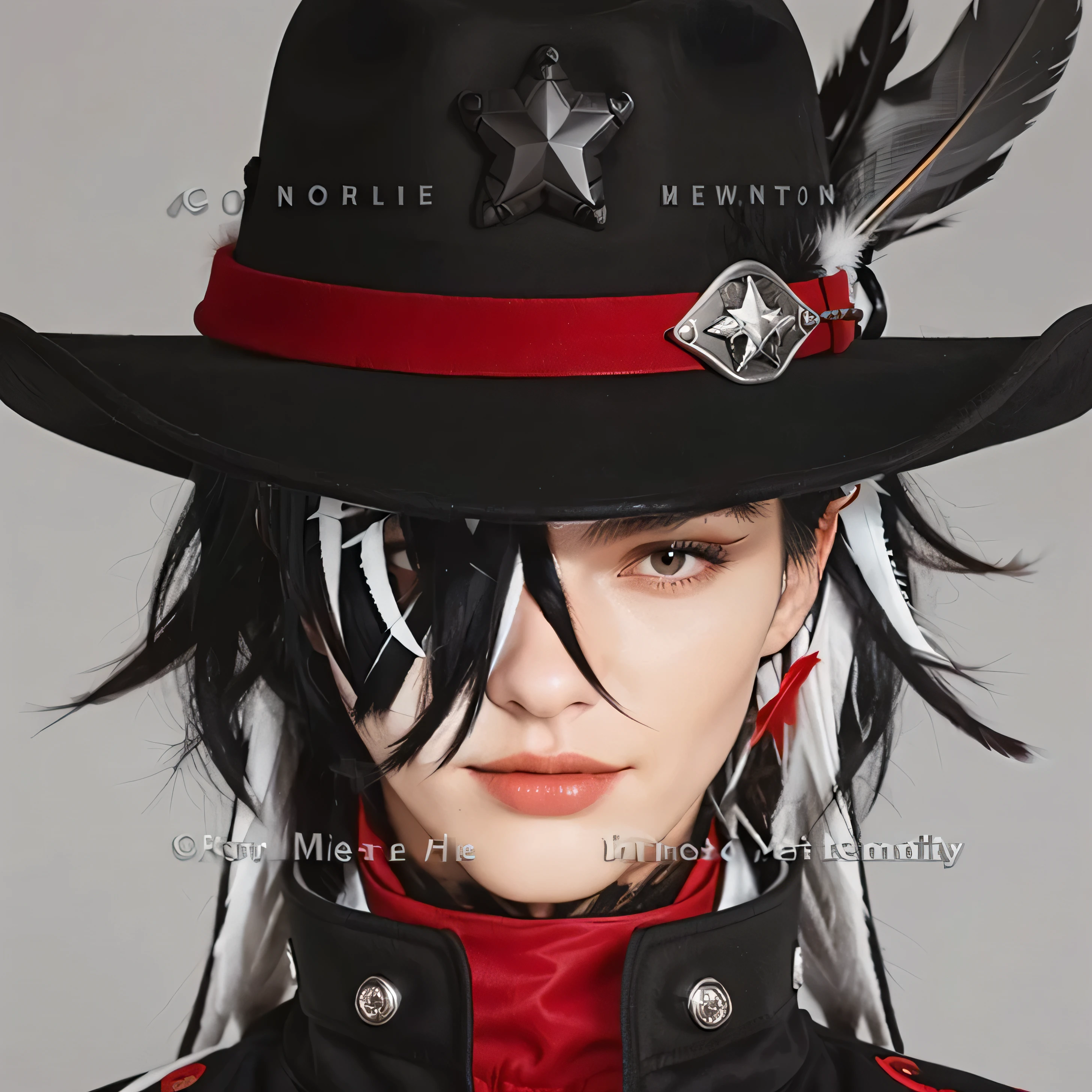 no watermarks, no text, remove text, Man, White and black hair, black and red cowboy hat with a feather, sheriff style black jacket and red shirt