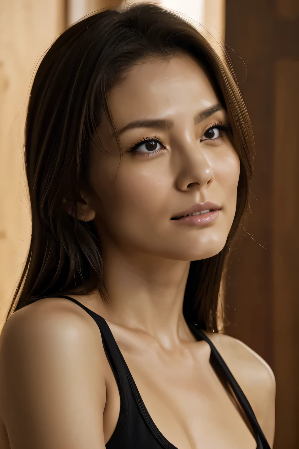 1 girl、超High resolution, retina, Accurate, masterpiece, Anatomically correct, Super Detail, Textured skin, Attention to detail, high quality, High resolution, 8k、Big double eyelids、nose、The focus is on the mouth、close-up focus on face、Woman with open mouth and closed eyes、30 years old、Brown Hair、Black Tank Top,(Oilskin)Orgasm and high energy,