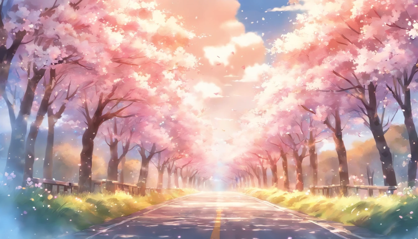 Blue sky and white clouds,The road is lined with beautiful cherry blossom trees,WaterColor style