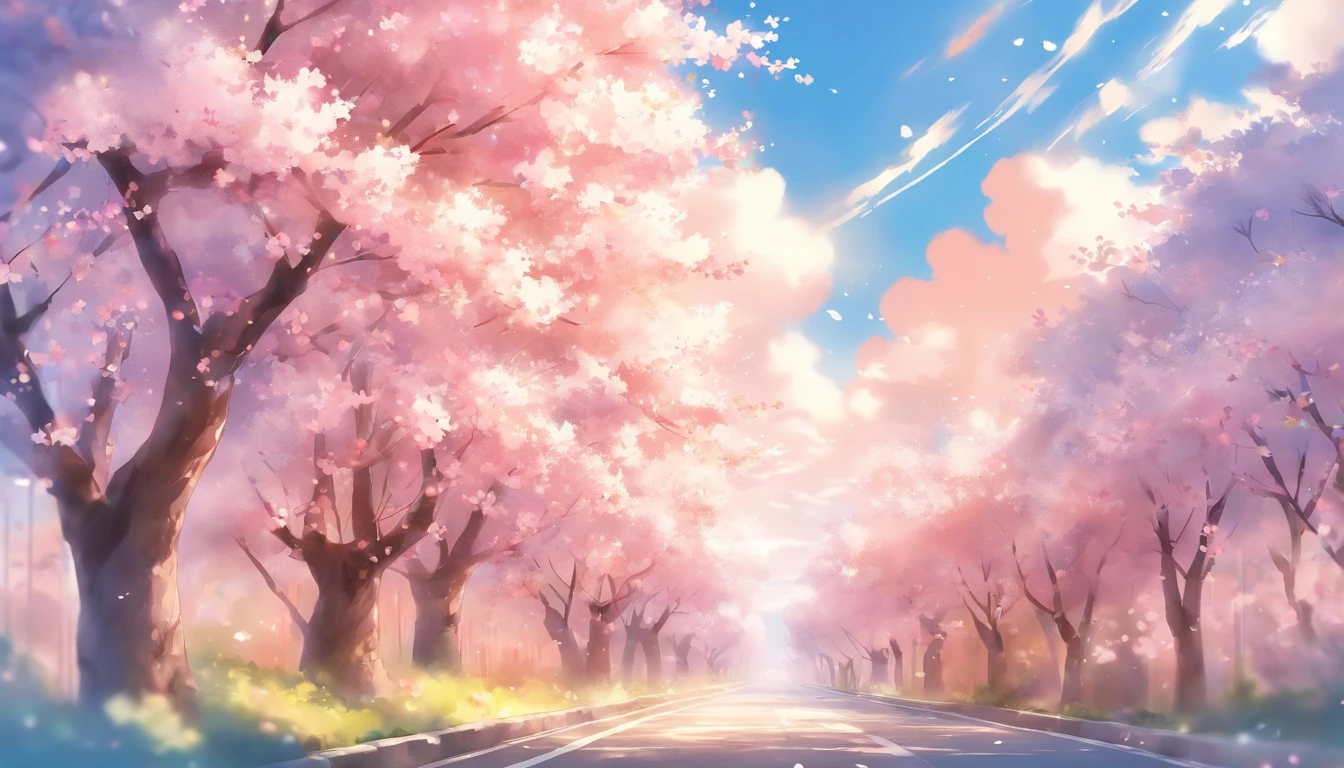 Blue sky and white clouds,The road is lined with beautiful cherry blossom trees,WaterColor style
