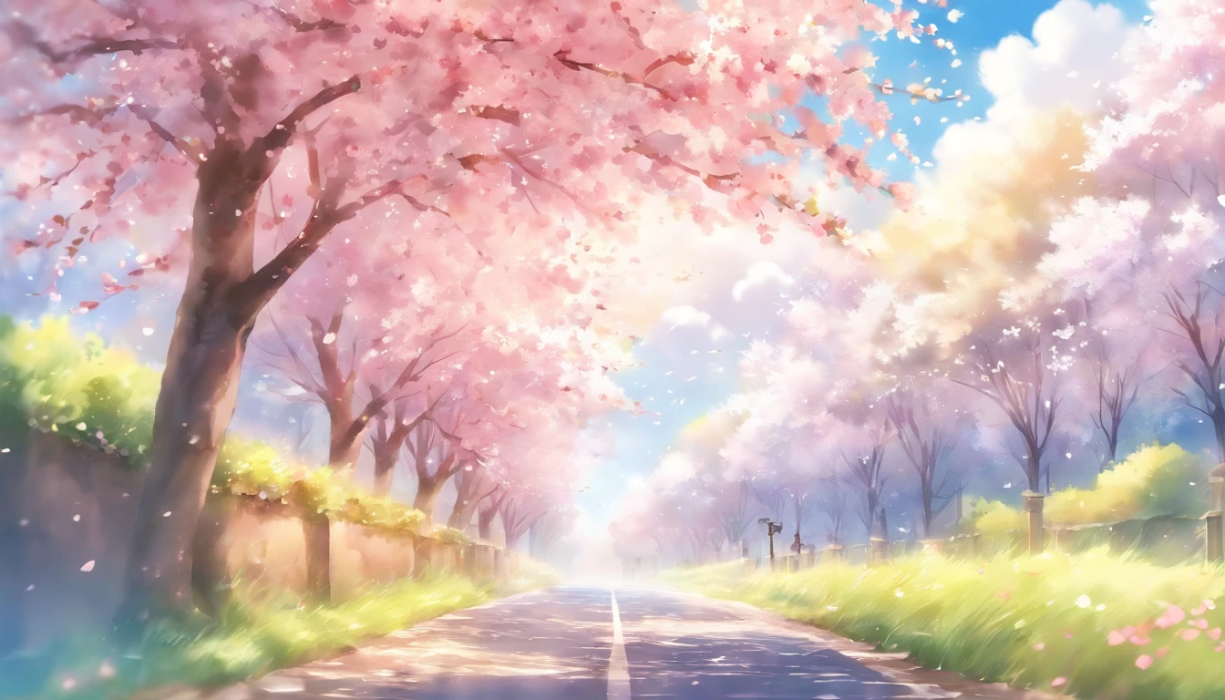 Blue sky and white clouds，The road is lined with beautiful cherry blossom trees，WaterColor style