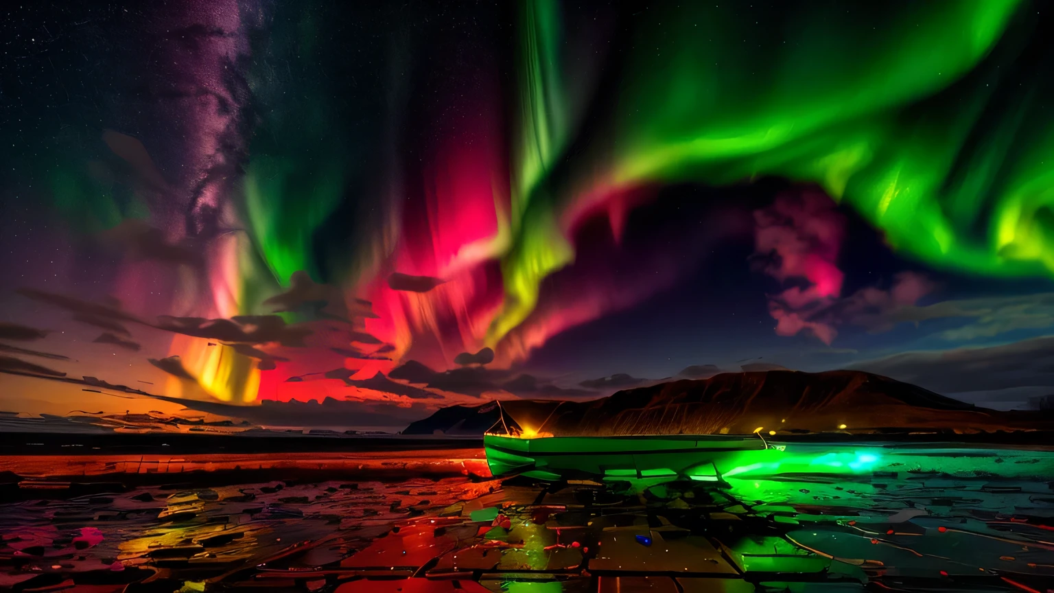 a red and green aurora bore over a beach with a boat in the water, magical colours and atmosphere, magical colors and atmosphere, red sprites in the atmosphere, breathtaking lights, rainbow aurora, epic stunning atmosphere, red glow in sky, red and green lighting, glowing nacreous clouds, mystical colors, very colorful heavenly, colorful skies, colorful glow