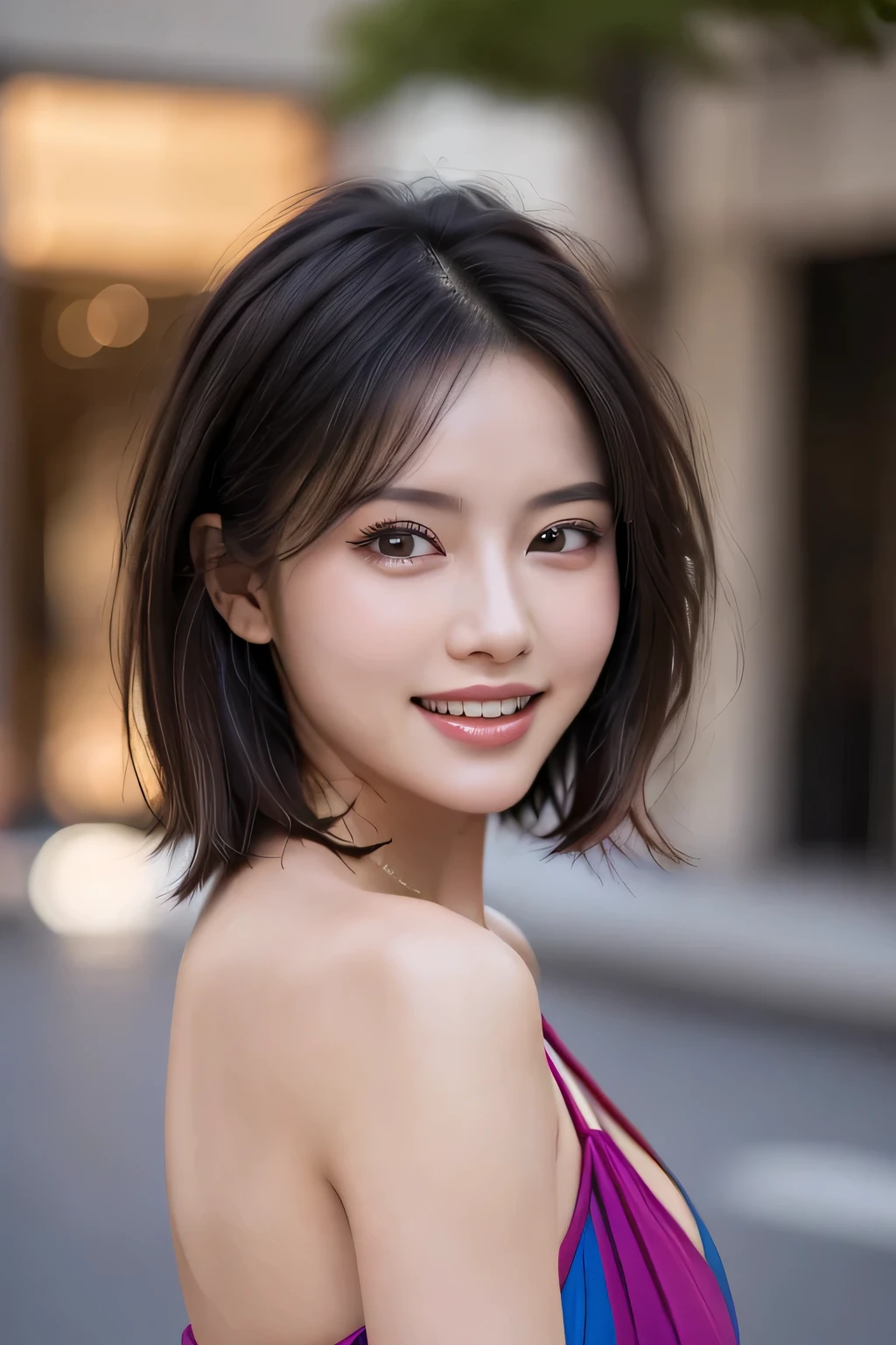 (8k, RAW Photos, highest quality, masterpiece, Realistic, Realistic), (1 female), (Ultimate beauty), Highly detailed face, (Perfect Teeth), Beautiful Eyes, double eyelid, eyelash, smile, Lip details, (Neat brunette bob), The light shines on your face, Big Breasts, ((Colorful mini dresses)), (Front view), (background: none),  Background blur