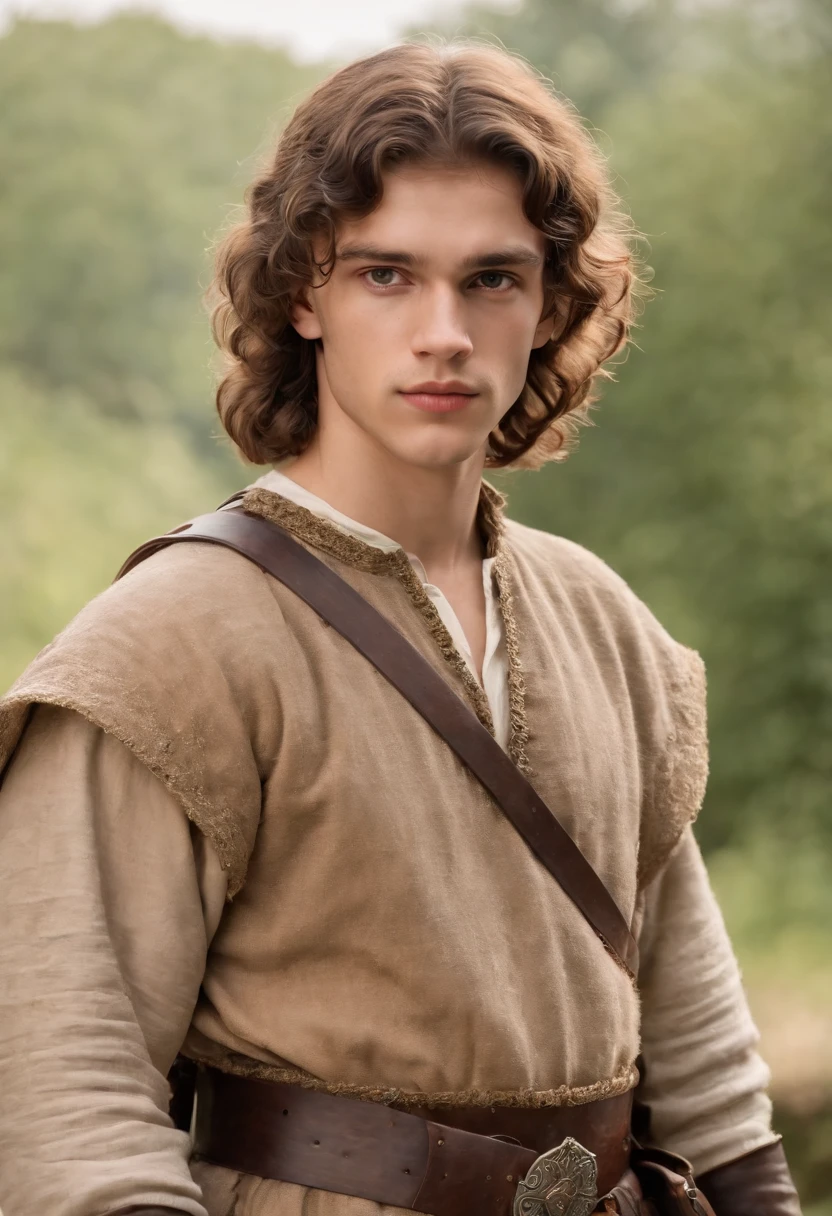 Human man, very attractive, about , in medieval clothing, holding a big sword, brown curly hair, nice expression, bag at his side, ready for travel, masterpiece