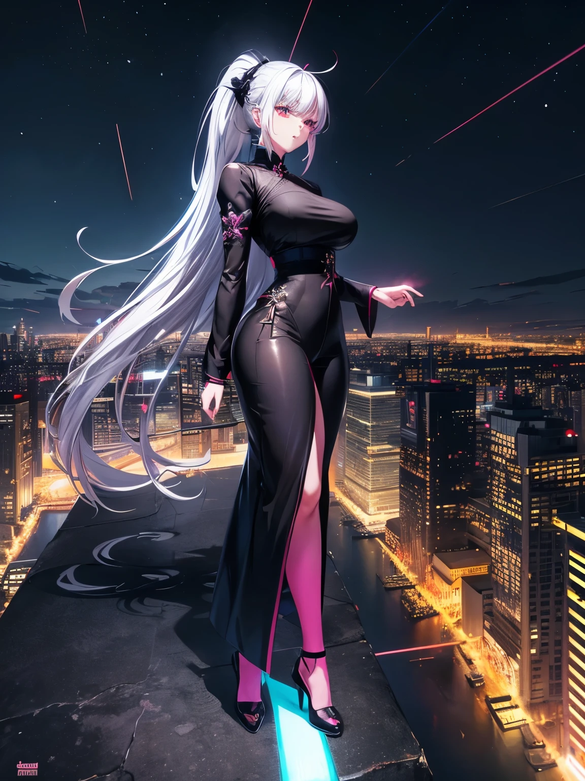 anime, (artwork, best quality, ultra-detailed, high contrast), 1 woman (Alone, full body, plus size body, standing on the edge of the skyscraper, silver hair, LONG In a ponytail, red eyes, perfect eyes ruby sparkles, (simple black qipao, black cybernetics with neon pink), transparent black socks), (skyscraper roof, overlooking a city, detailed background ((night time, Darkness, low light pollution)))