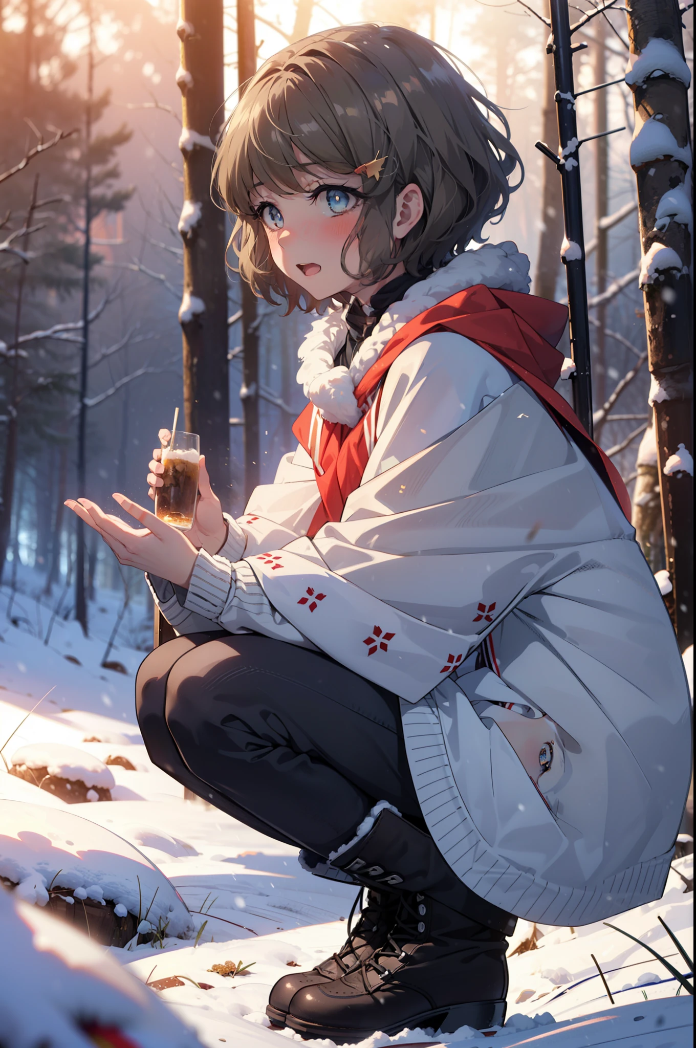 tomoekoga, Chie Koga, short hair, Brown Hair, blue eyes, hair band,smile,blush,White Breath,Medium Chest,
Open your mouth,snow,Ground bonfire, Outdoor, boots, snowing, From the side, wood, suitcase, Cape, Blurred, having meal, forest, White handbag, nature,  Squat, Mouth closed, Cape, winter, Written boundary depth, Black shoes, red Cape break looking at viewer, Upper Body, whole body, break Outdoor, forest, nature, break (masterpiece:1.2), highest quality, High resolution, unity 8k wallpaper, (shape:0.8), (Beautiful and beautiful eyes:1.6), Highly detailed face, Perfect lighting, Highly detailed CG, (Perfect hands, Perfect Anatomy),