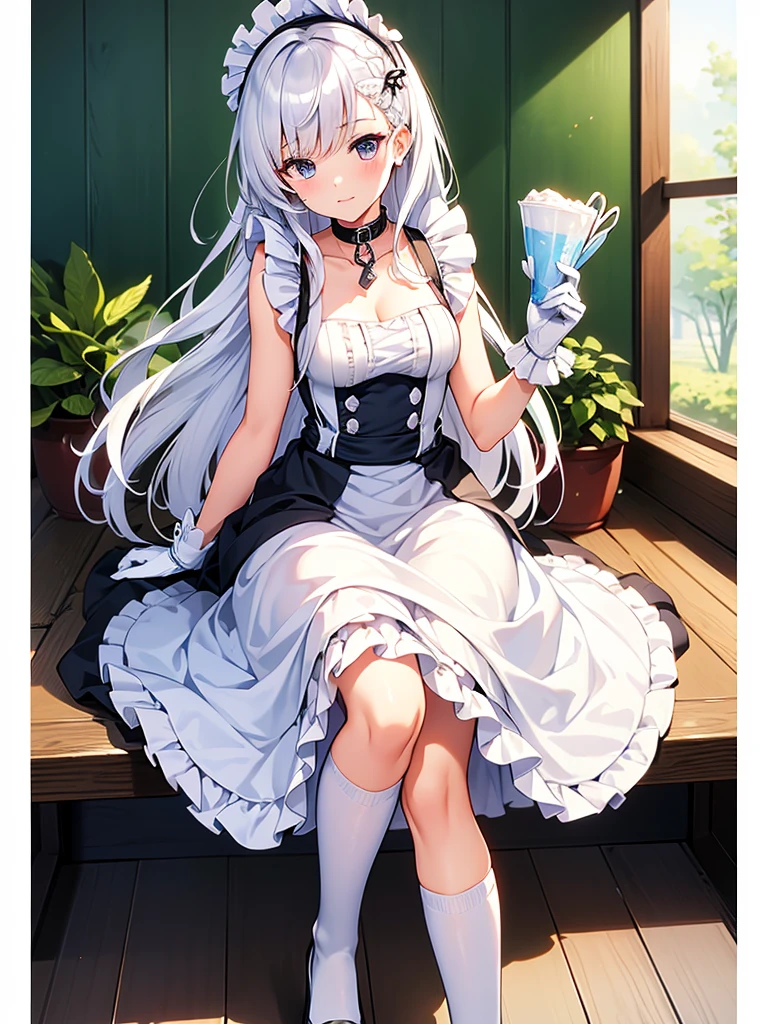 (masterpiece, highest quality:1.2),figure,8k,High resolution,One girl,alone,very_length_hair,big_chest,white_hair,前hair,chestの谷間,Braiding,green_eye,French_Braiding,collarbone,purple_eye,Lock,collar,dress,Frills,Maid,Maid_headdress,white_gloves,white_Knee socks,Maid_apron,white_apron,Frillsの_apron,gray_hair,Frillsの_gloves,greenい夏の空,Washing,hold the sheet in your hand,Respect,