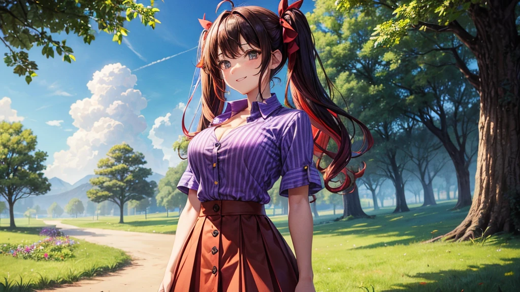 1girl, full body, summer, village, trees, sun, clouds, ((colorful hair)), curly hair, twintail, large breasts, button down shirt, ((purple shirt)), ((short sleeved shirt)), ((unbuttoned shirt)), unbuttoning buttons, popping buttons, cleavage 1:3, brown eyes, ((red black skirt)), grin, looking at the viewer, touching neck, standng, hair ribbon, golden necklate