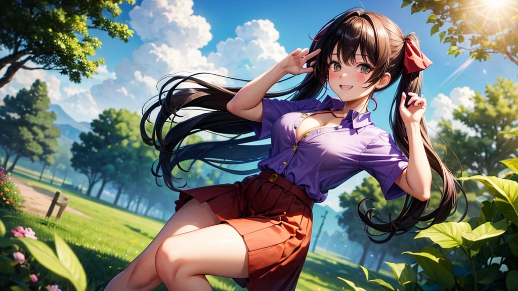 1girl, full body, summer, village, trees, sun, clouds, ((colorful hair)), curly hair, twintail, large breasts, button down shirt, ((purple shirt)), ((short sleeved shirt)), ((unbuttoned shirt)), unbuttoning buttons, popping buttons, cleavage 1:3, brown eyes, ((red black skirt)), grin, looking at the viewer, touching neck, standng, hair ribbon, golden necklate
