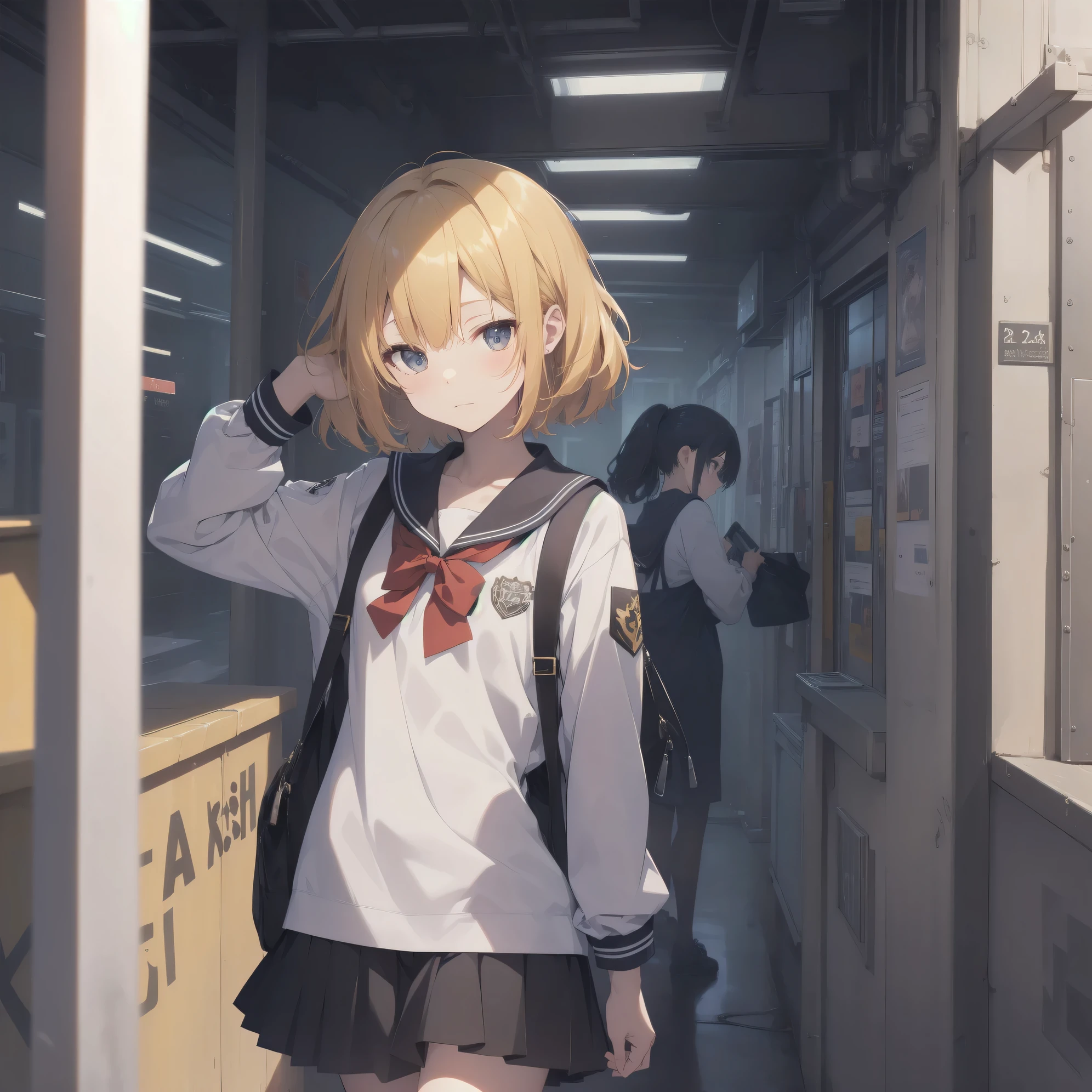 ultra-absurdres-Top quality by artist God, ultra-detailed, high resolution, anime moe artstyle, best anime 8k konachan wallpaper, pixiv contest winner, pool:2810, perfect anatomy,break, 1girl, (Please draw a girl walking sleepily to school alone. )break,(Solo,little female, -yeld:1.Full limbs, complete fingers,a junior hihort hair), short cut, flat chest, , small butt, small black eyes, beautiful detailed eyes, well-proportioned iris and pupils, expressive eyes, highres detailed hair, soft expression, salor school_uniform, sailor collar, serahuku, bow, pleated skirt,(Detailed Lighting), (Detailed background), in the School commute route. break,super detailed skin, Best cinematic lighting powered by famous artist, 8k,beauty illustration,photoshop_(medium),very aesthetic,break,((artist:clamp )), artist:akinashi yuu ,artist:oyari ashito ,artist:kantoku ,