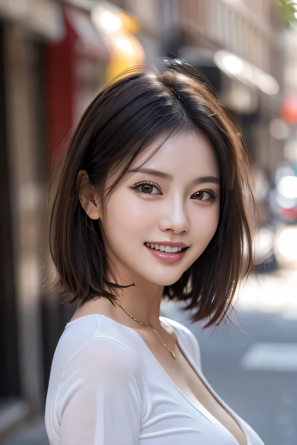 (8k, RAW Photos, highest quality, masterpiece, Realistic, Realistic), (1 female), (Ultimate beauty), Highly detailed face, (Perfect Teeth), Beautiful Eyes, double eyelid, eyelash, smile, Lip details, (Neat brunette bob), The light shines on your face, Big Breasts, ((Colorful mini dresses)), (Front view), (background: none),  Background blur