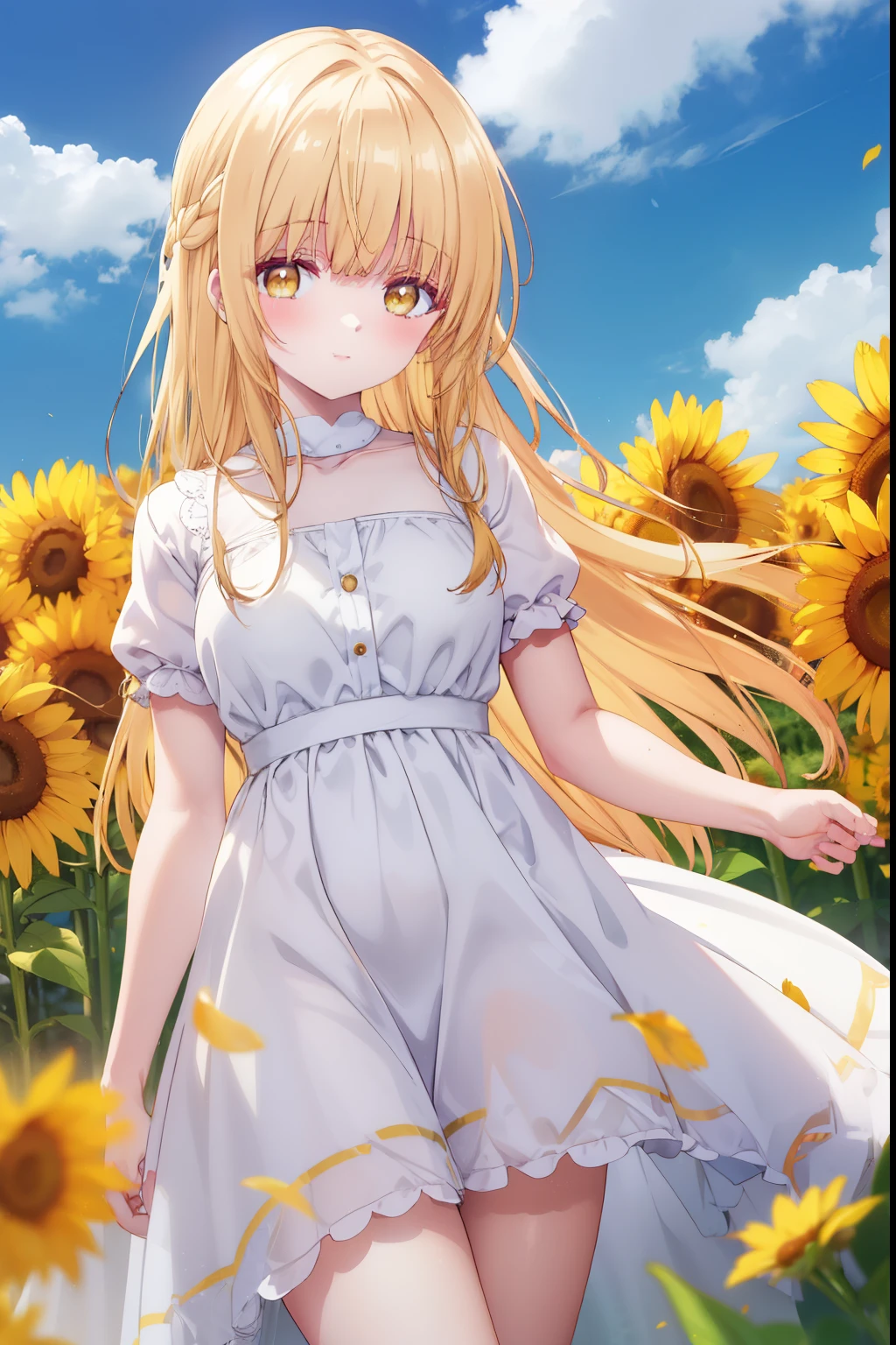 Mahiru shiina, , blonde, (Yellow Eyes:1.3)、Braided long hair,,blush,smile,Captivating thighs、Beautiful bare legs, Sideways armpit、Very cute short sleeves、Sunflower field
(masterpiece:1.2), highest quality, High resolution, unity 8k wallpaper, (shape:0.8), (Beautiful and beautiful eyes:1.6), Highly detailed face, Perfect lighting, Extremely detailed CG, (Perfect hands, Perfect Anatomy),