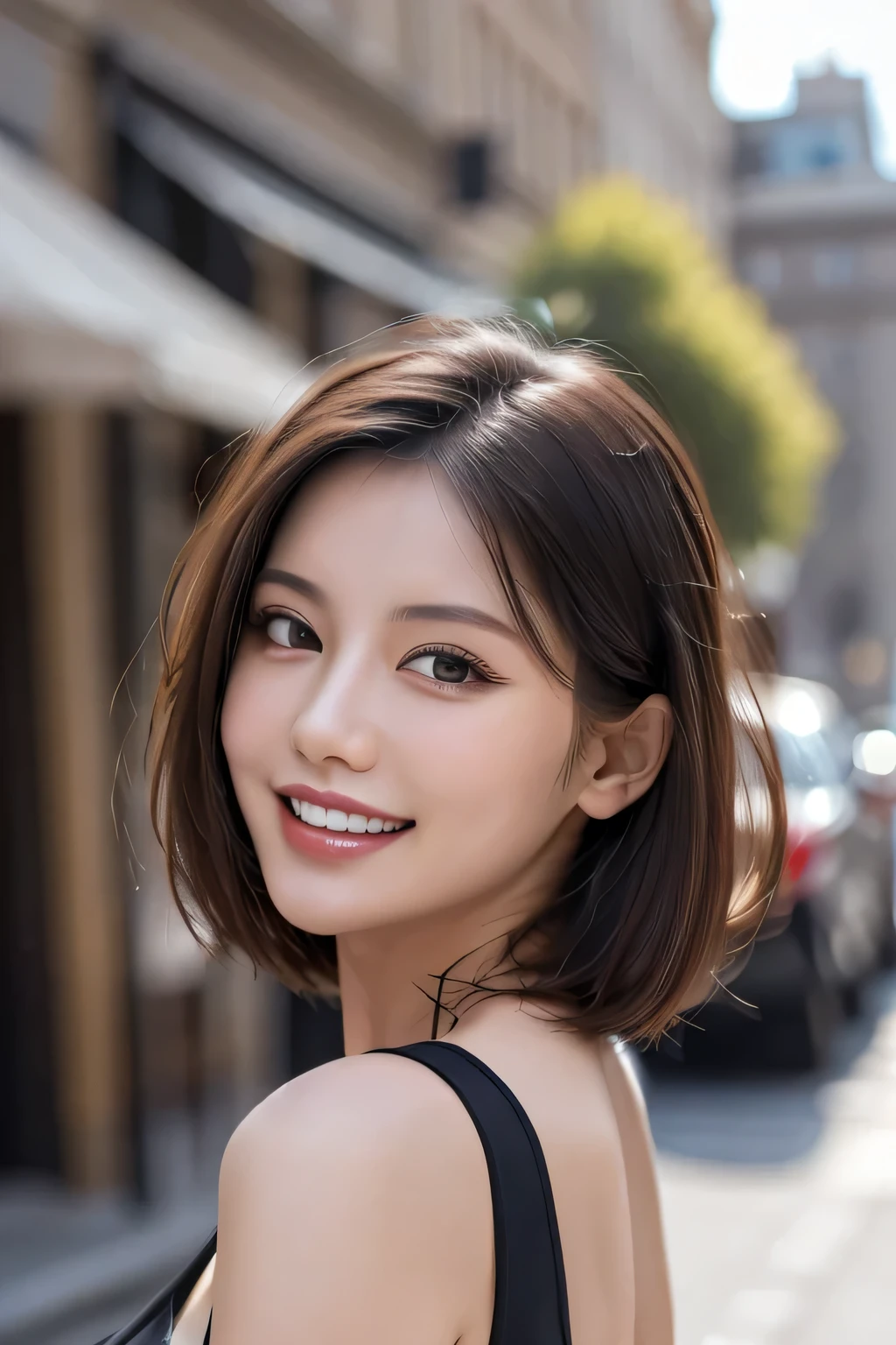 (8k, RAW Photos, highest quality, masterpiece, Realistic, Realistic), (1 female), (Ultimate beauty), Highly detailed face, (Perfect Teeth), Beautiful Eyes, double eyelid, eyelash, smile, Lip details, (Neat brunette bob), The light shines on your face, Big Breasts, ((Colorful mini dresses)), (Front view), (background: none),  Background blur