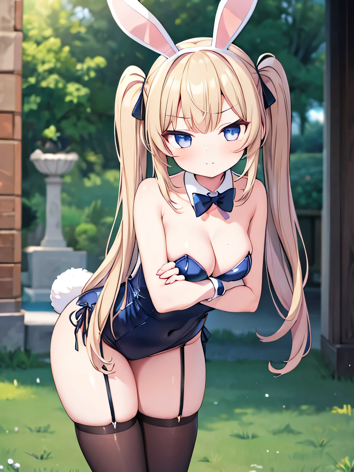 masterpiece, best quality, ultra detailed,1 girl , long hair, twin tails, playboy bunny, leaning forward, crossed arms
