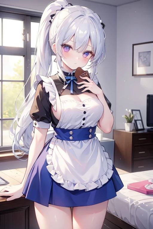 One girl with high ponytail hair, bangs, white hair, blue inner hair:1.25) , purple eyes, looking at viewer, blushing, embarrassed, serious expression, indoor, living room, t shirt, thigh, apron, holding a gift, chocolate gift, love chocolate, valentine gift, mid-chest, day atmosphere, hair ornament, medium breasts, upper body, focus, blurry background