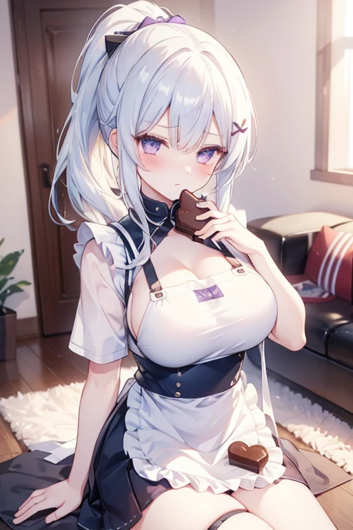 One girl with high ponytail hair, bangs, white hair, blue inner hair:1.25) , purple eyes, looking at viewer, blushing, embarrassed, serious expression, indoor, living room, t shirt, thigh, apron, holding a gift, chocolate gift, love chocolate, valentine gift, mid-chest, day atmosphere, hair ornament, medium breasts, upper body, focus, blurry background