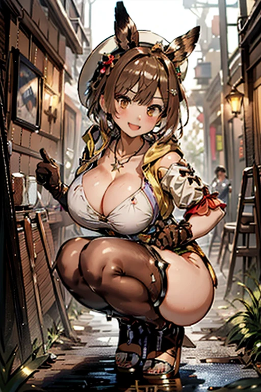 ((highest quality)), ((masterpiece)),High resolution,Sharp focus,(Super detailed,Very detailed),(Very detailed CG unity 8k wallpaper),
(((Vibrant colors))), Perfect Face,
Liza Lynn Stout, Raisalin Stout,
Big Ass,Big Breasts,glamorous_expensive_Tight waist_Long legs,curve,Thighs,curvy,
very shiny 肌,Shiny body,plastic glitter 肌,exaggerated shiny 肌,illuminated skin,
cute,Lewd,erotic,Bold,Camel Toe,short hair,Brown Hair,Knee socks,gloves, brown gloves, 片手gloves,レザー gloves,
White Hat, Star Necklace,hair ornaments, (Brown eyes:1.5), Hair Clip,
8k wallpaper, (figure:0.8), (Beautiful fine details:1.6),
Very detailedな顔, Very detailedなCG, (Perfect hands, Perfect Anatomy),
smile, Open your mouth, Piece in front of the face,side-tie bikini,Remains,rubble,weed,
cracked cobblestone,Mossy wall, squat, Spread your legs (Anatomically correct),Sweaty skin,