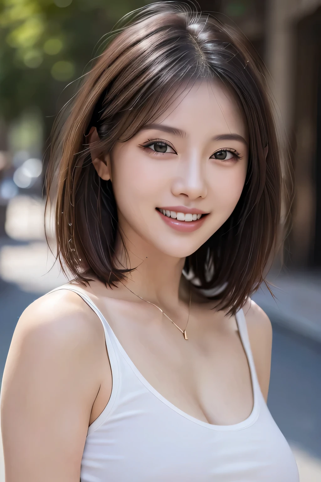 (8k, RAW Photos, highest quality, masterpiece, Realistic, Realistic), (1 female), (Ultimate beauty), Highly detailed face, (Perfect Teeth), Beautiful Eyes, double eyelid, eyelash, smile, Lip details, (Neat brunette bob), The light shines on your face, Big Breasts, ((Colorful mini dresses)), (Front view), (background: none),  Background blur