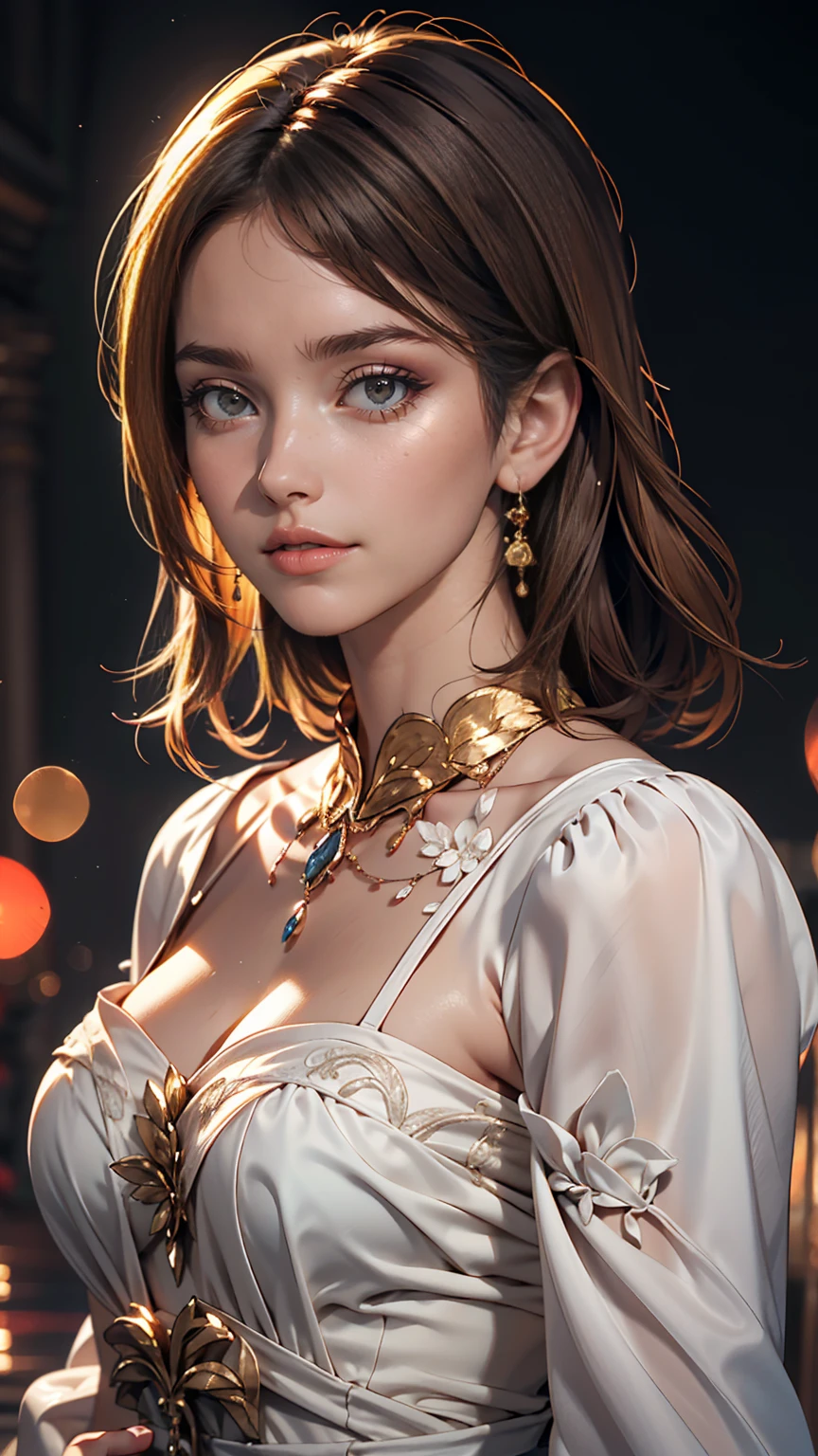 A mysterious beautiful woman, cleavage, small breasts, detailed face, beautiful eyes, detailed lips, long eyelashes,  cinematic lighting, dramatic shadows, highly detailed, 8k, ultra-detailed, hyper-realistic, photorealistic, masterpiece, digital art, fantasy, intricate details