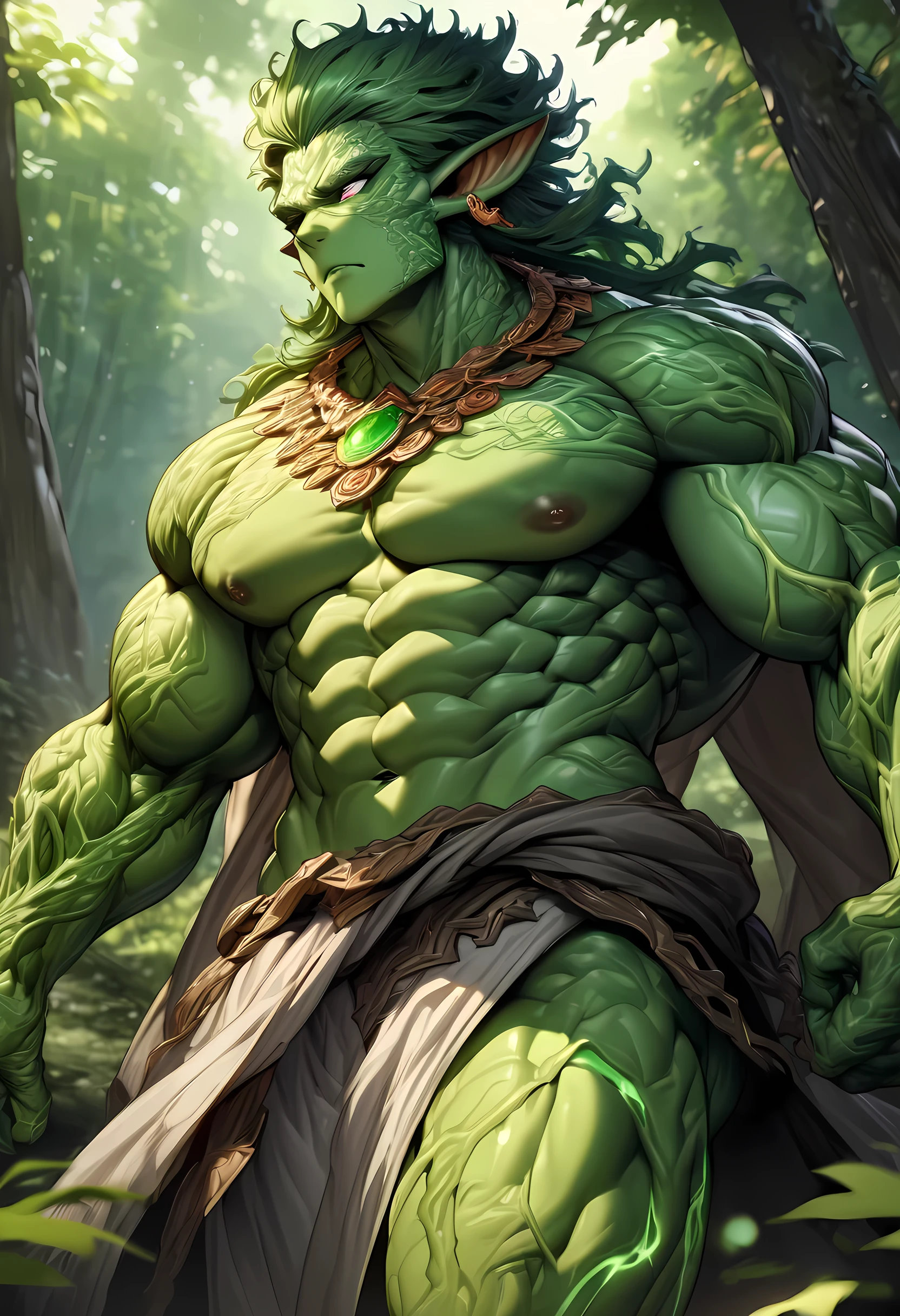(((intricate design))) (((top quality))) (((16K))) (((High Definition))) 16K splash art (((photorealistic))) high-res, ultra sharp, ((masterpiece)), the best quality, expressive eyes, perfect face, (((druid outfit))) Super eyes, perfectly detailed anatomy (((Volumetric lighting))) (((natural lights))) (((1Male))) (((Bodybuilder))), (((muscular))), (((hyper pecs))) there is a sexy mature man with green paint on his body, slick shaved sides hairstyle, ((thighs)) bodily fluids, round butt, green coloured skin, green skin! (((green coloured skin!!))), (((green skin))). (((green-skinned))), (((elegant robes))) ((green skin with scales)), ((green skin)), windy, (((in the forest))), (((greenish skin))) plantation on the male body, windy, leaves falling (((a powerful nature deity))), elf ears, druid magic, cell-shaded adult animation, green gem necklace, hot reptile muscular humanoid man, muscular green body. Hazel eyes, glowing veins, nature spirit, long sash, transparent legs,