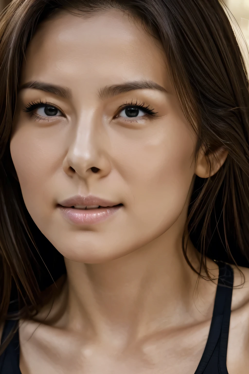 1 girl、超High resolution, retina, Accurate, masterpiece, Anatomically correct, Super Detail, Textured skin, Attention to detail, high quality, High resolution, 8k、Big double eyelids、nose、The focus is on the mouth、close-up focus on face、Woman with open mouth and closed eyes、30 years old、Brown Hair、Black Tank Top,(Oilskin)Orgasm and high energy,