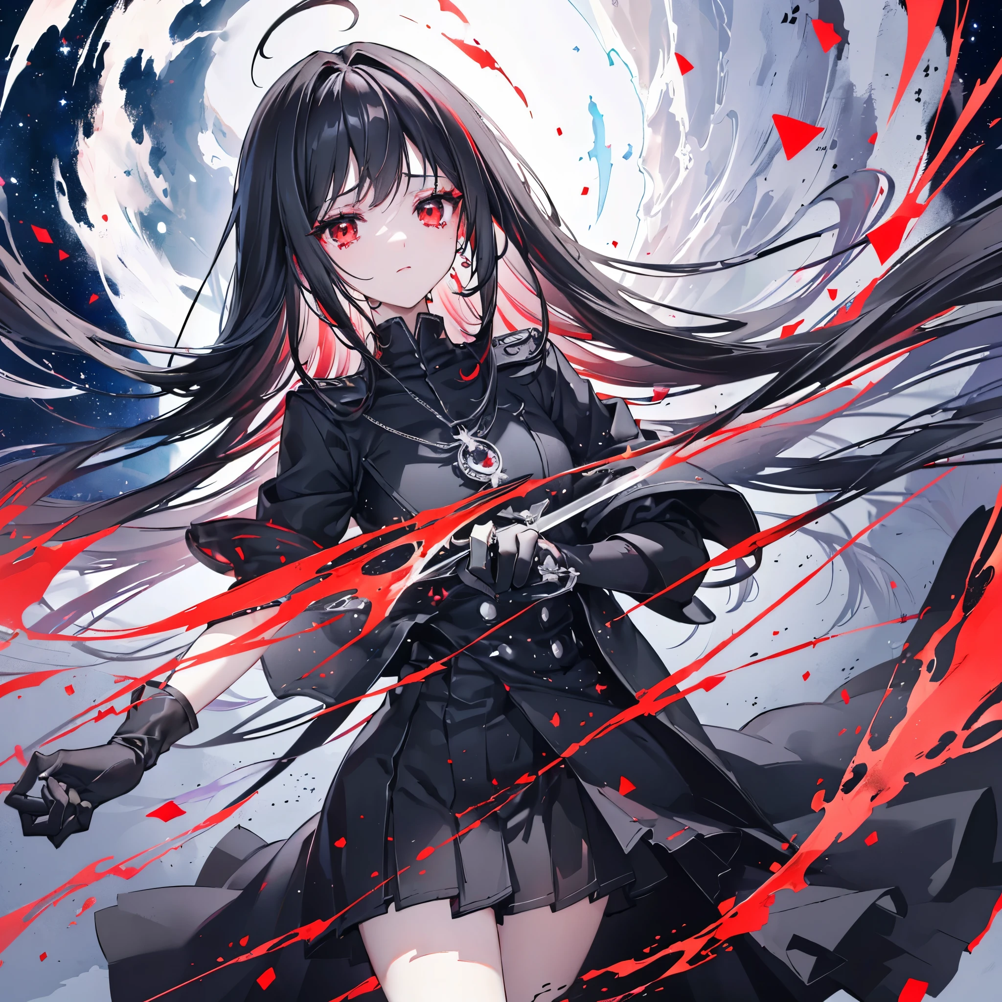 ((Fantasy　Black Hair　Long Hair　Dull red eyes　Hold the knife　uniform　Lonely　despair))　((necklace　Tears　gloves))　(Broken glass　Distorted Space-Time　star　moon)　Catch the wind　fall　Shining Background　Particles of light