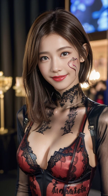 ((Realistic lighting, highest quality, 8k, masterpiece: 1.3)), Clear focus: 1.2, 1 girl, Perfect body beauty: 1.4, Slim Abs: 1.1, ((Dark brown hair,short hair,waved her hand, Big Breasts: 1.3)), (Finished with body paint,Dark Red Semi-Transparent Lace Catsuit: 1.4), (Seaside, noon: 1.1),Body Paint Dresses, whole body, Long legs, Highly detailed face, Beautiful Eyes, double eyelid,Captivating smile,No face paint,A refreshing smile