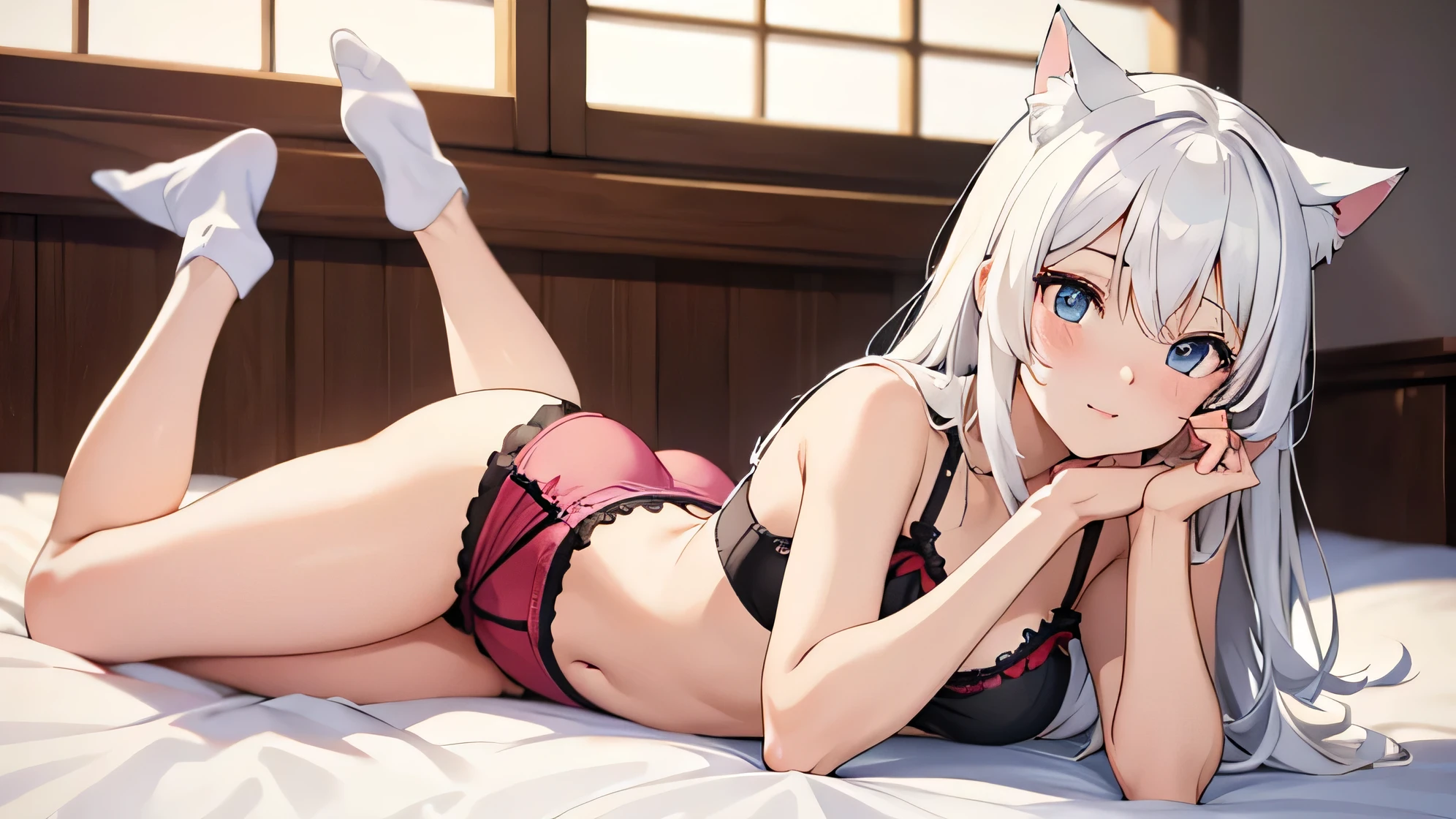 sexual, exposure, japanese anime, on bed, beautiful face, beautiful legs, lying on bed, 1 female, underwear, white hair, cat ear cosplay,