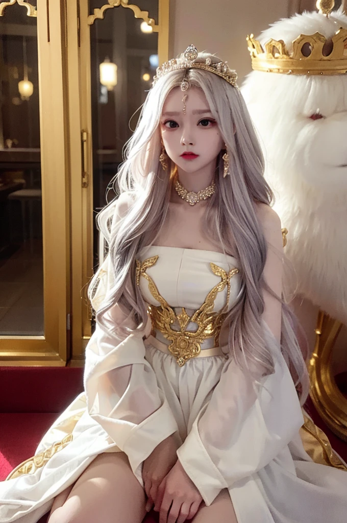 1woman, gold suit, as supreme queen, crown, angry, red eyes, white hair colour, long hair,