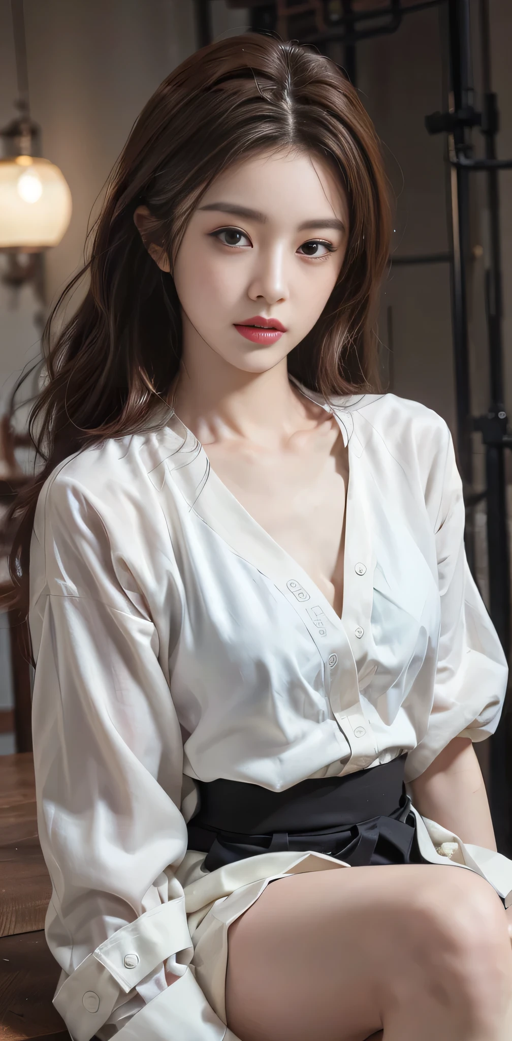 RAW photo, bokeh, (Lifelike face), smiled slightly, Top image quality, High resolution, best quality, 8k, HDR, (photorealistic:1.55), (1girl:1.4), brown and curly and messy hair, very detailed face, beautiful eyes, [chubby], adorable, full body portrait, Close-up, sharp outline, romantic, Korean stylish, fashion, stylish costume, uniform, tight lace t-shirt, high waist skirt, (spread legs:1.25), delicate face, brown hair fluttering in the wind, 22-year-old girl, slim figure, small bust, sexy, plump breasts, open chest, bra, charisma, glamorous, standing tall.